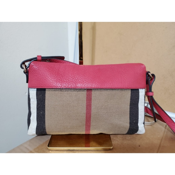 BURBERRY Check Canvas Crossbody Cadmium Farley Red Bag - Picture 7 of 11